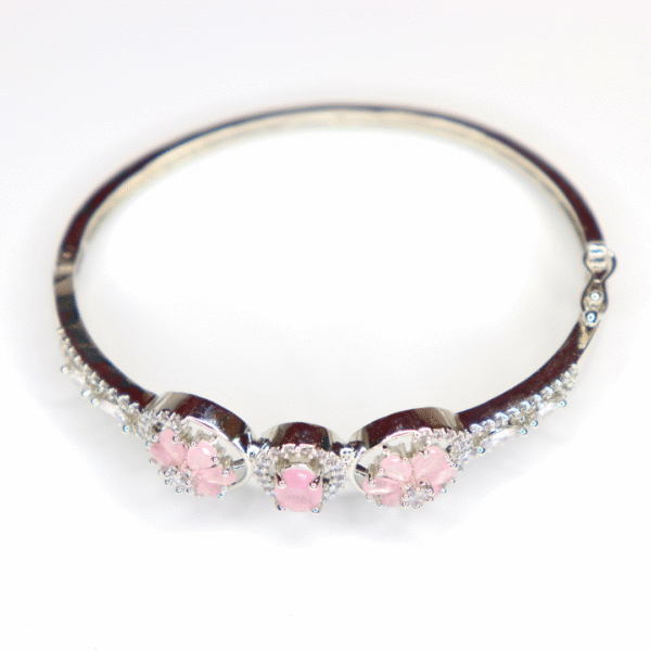 Silver Toned Pink Stone Floral American Diamond Bracelet - Image 4