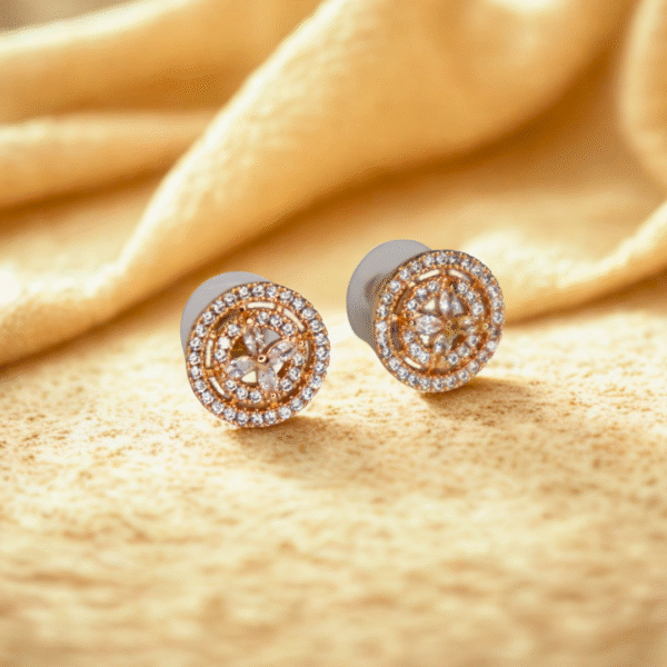Floral Design Round American Diamond Gold Stud Earrings - Image 4