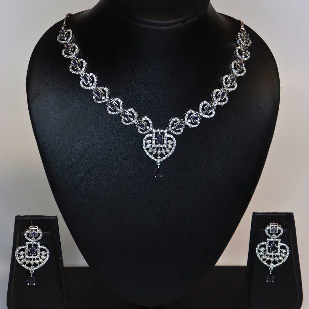 Silver-Plated Purple Stone Heart Shape AD Necklace Set - Image 5