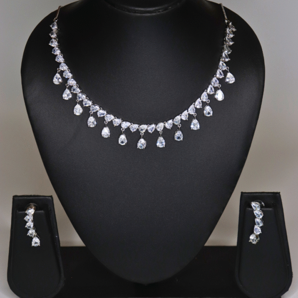 Silver-Plated Sparkling American Diamond Drop Necklace Set - Image 5