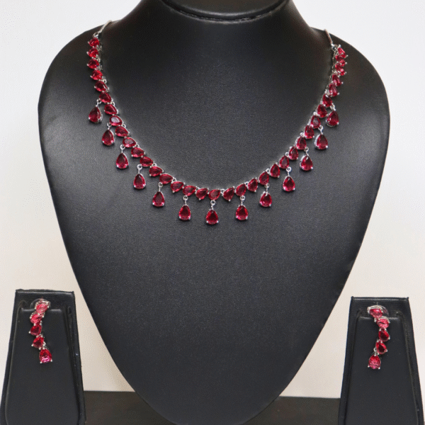Silver-Plated Ruby Red American Diamond Necklace Set - Image 5