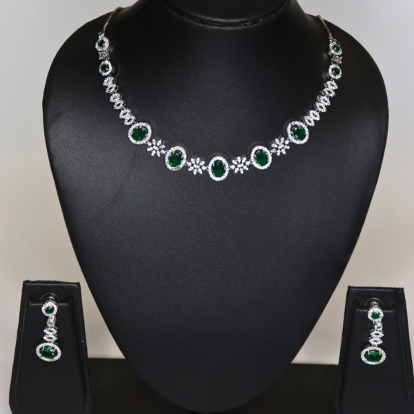 Silver-Plated Emerald Green American Diamond Necklace Set - Image 5