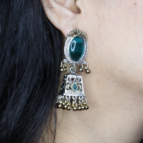 Turquoise-Teal Reflective Glass Stone Oxidized Jhumka - Image 5