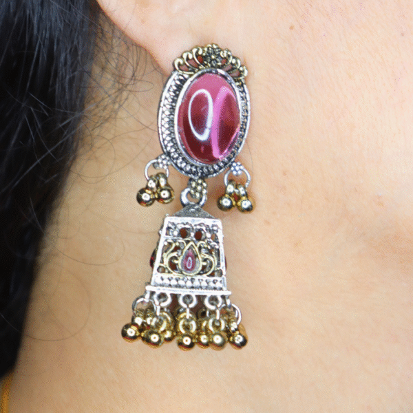 Beautiful Pink Reflective Glass Stone Oxidized Jhumka - Image 5