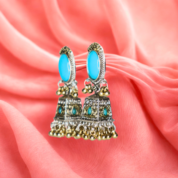 Aquamarine Blue Reflective Glass Stone Oxidized Jhumka - Image 6