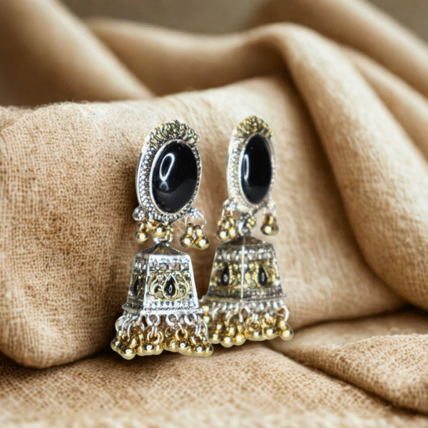 Onyx Black Reflective Glass Stone Oxidized Jhumka - Image 5
