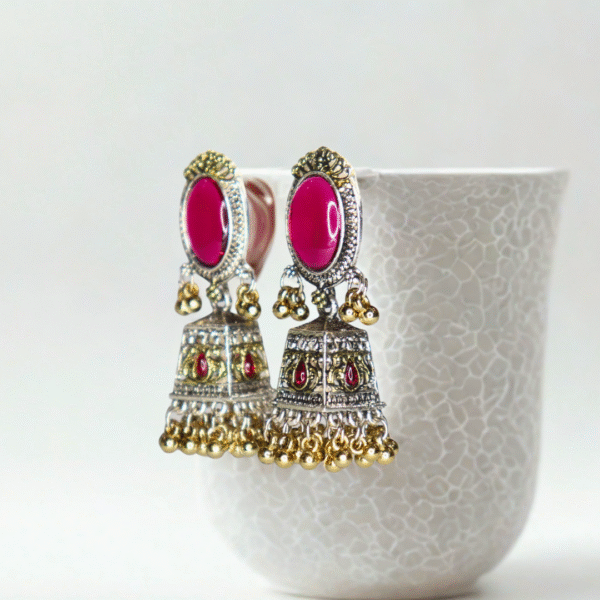 Dark Pink Reflective Glass Stone Oxidized Jhumka - Image 5