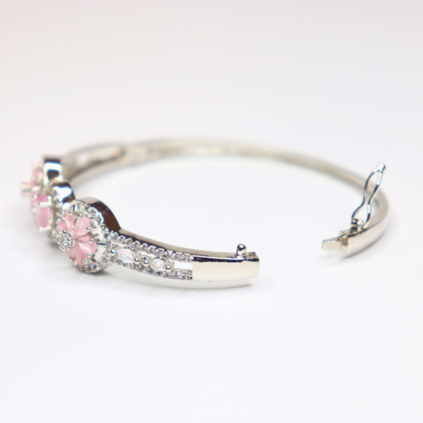 Silver Toned Pink Stone Floral American Diamond Bracelet - Image 5