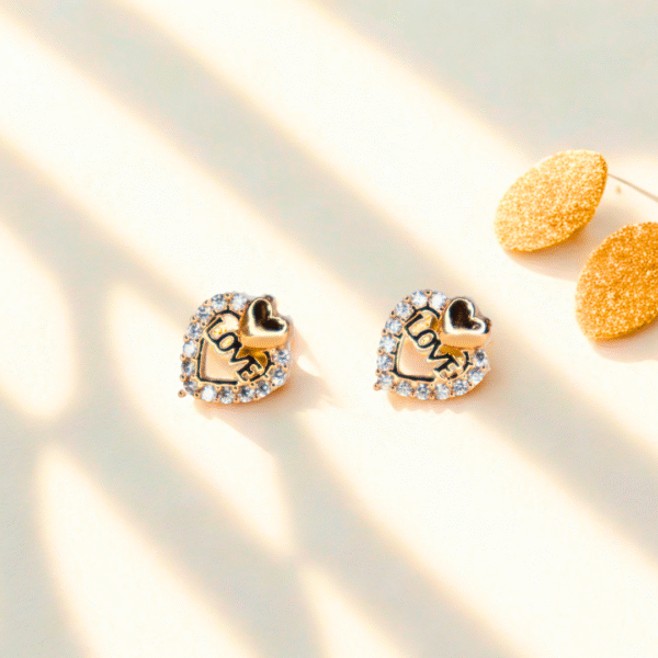 Love Heart Design Gold Plated American Diamond Stud Earrings - Image 5