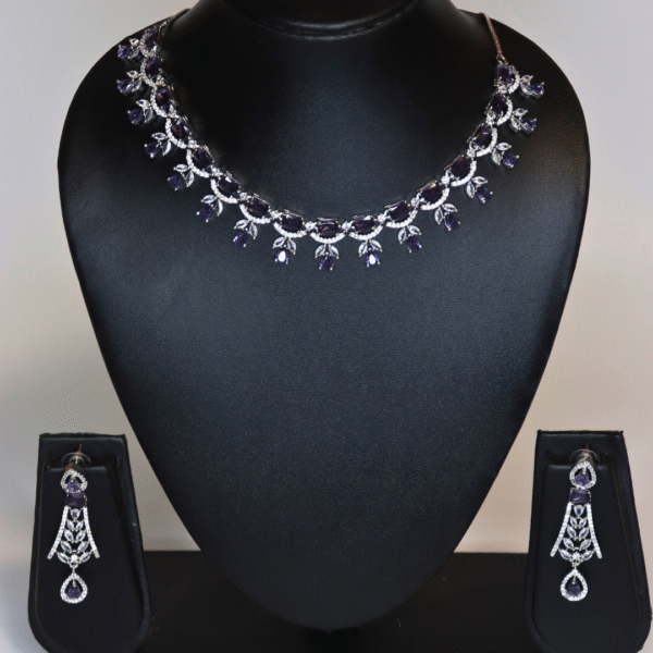 Silver-Plated Purple Stone American Diamond Necklace Set - Image 5