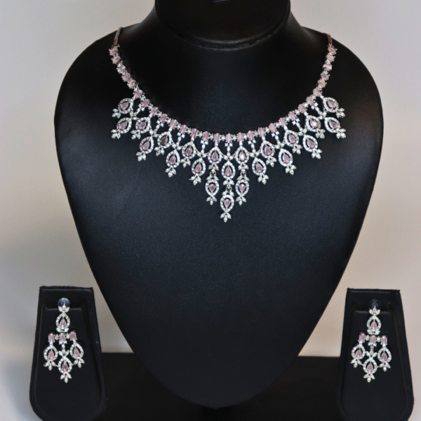 Silver-Plated Pink Stone American Diamond Necklace Set - Image 5