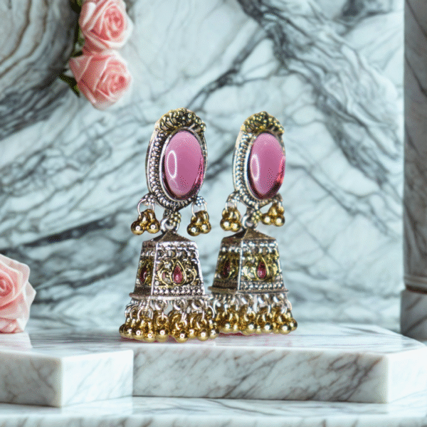 Beautiful Pink Reflective Glass Stone Oxidized Jhumka - Image 6