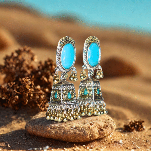Aquamarine Blue Reflective Glass Stone Oxidized Jhumka - Image 7