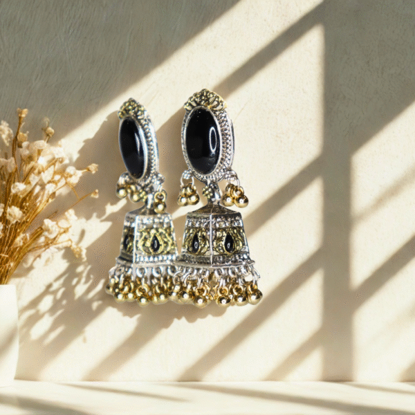 Onyx Black Reflective Glass Stone Oxidized Jhumka - Image 6