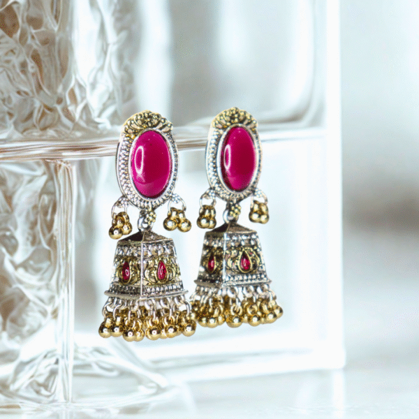 Dark Pink Reflective Glass Stone Oxidized Jhumka - Image 6