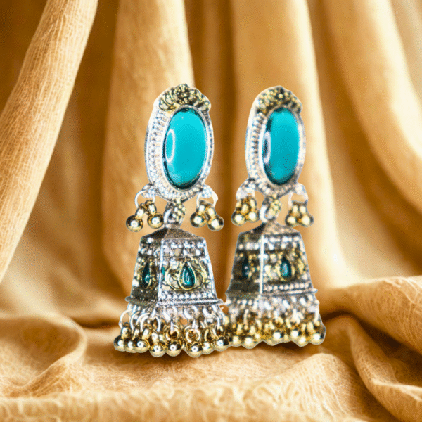 Turquoise-Teal Reflective Glass Stone Oxidized Jhumka - Image 6
