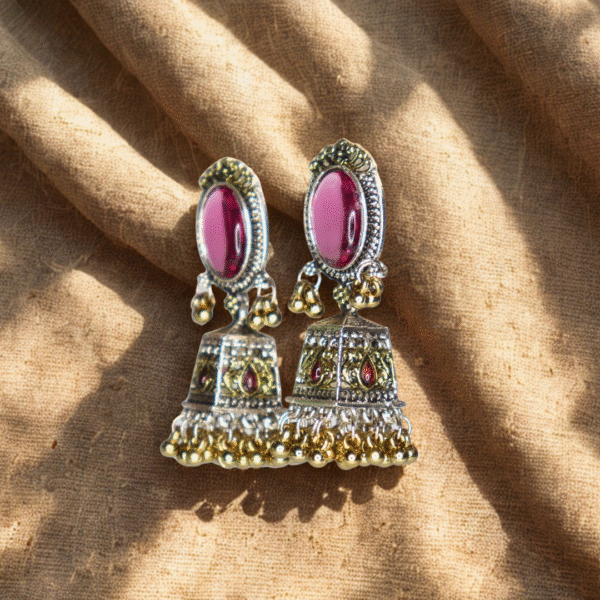 Beautiful Pink Reflective Glass Stone Oxidized Jhumka - Image 7