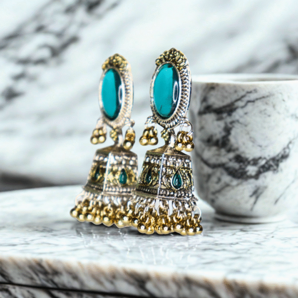 Turquoise-Teal Reflective Glass Stone Oxidized Jhumka - Image 7