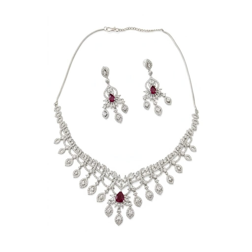 Ruby red and silver AD sparkling necklace set with matching earrings by Kripaa Glamour