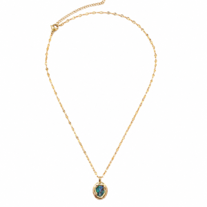 Gold-toned Blueish Green Stone Oval Pendant Necklace