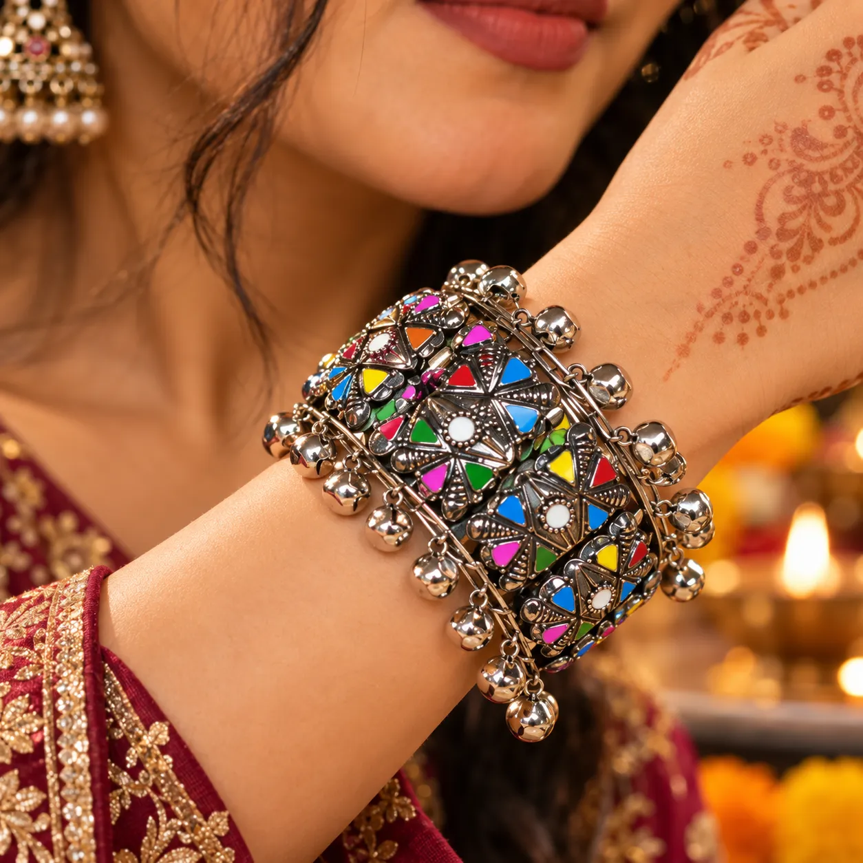 Oxidised Multicolor Floral Ghungroo Cuff Bracelet – Openable Festive Design - Image 2