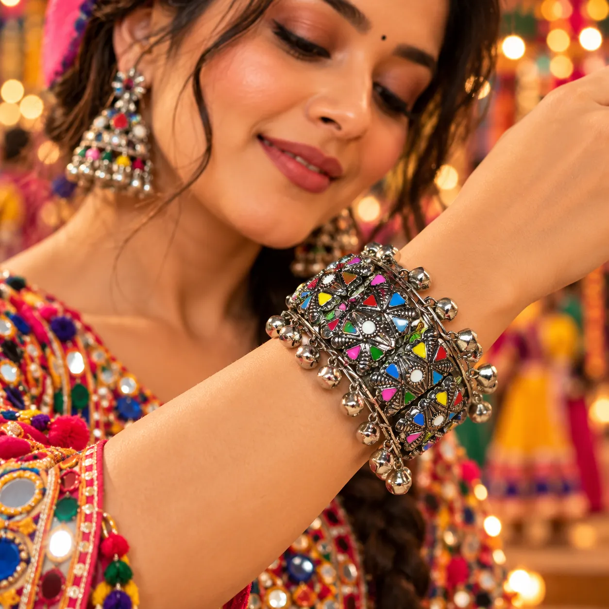 Oxidised Multicolor Floral Ghungroo Cuff Bracelet – Openable Festive Design - Image 8