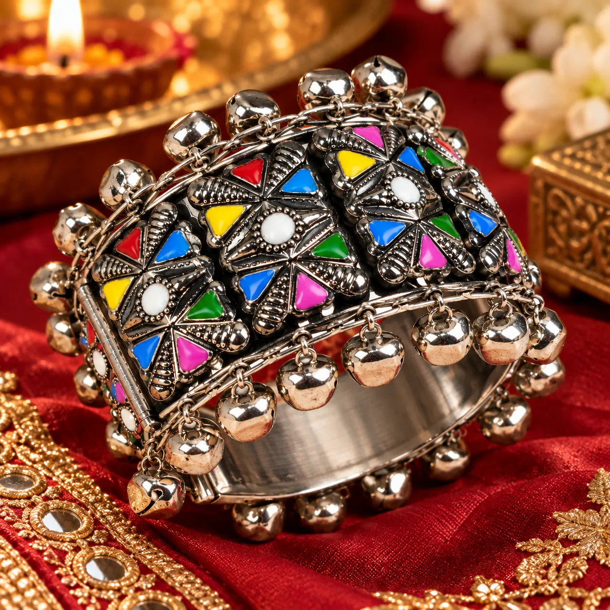 Oxidised Multicolor Floral Ghungroo Cuff Bracelet – Openable Festive Design - Image 5