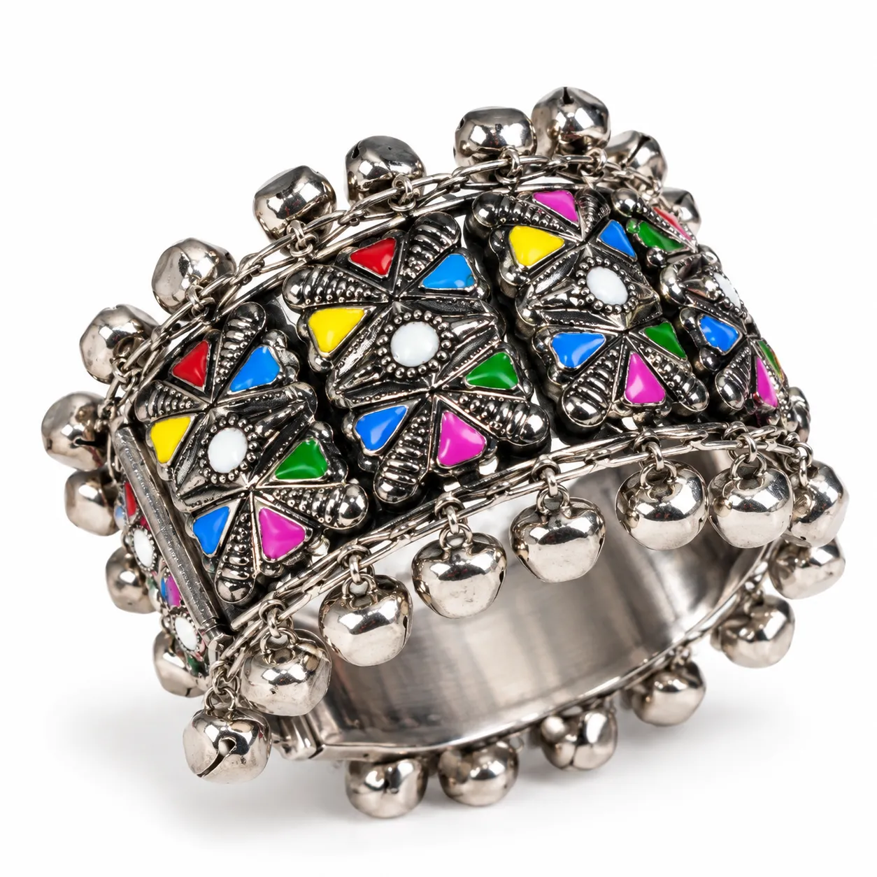 Oxidised Multicolor Floral Ghungroo Cuff Bracelet – Openable Festive Design