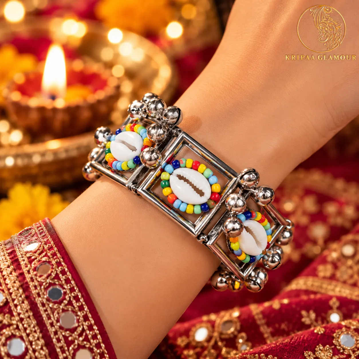 Small Size Oxidised Multicolor Beaded Cuff Bracelet – Openable Festive Design - Image 2
