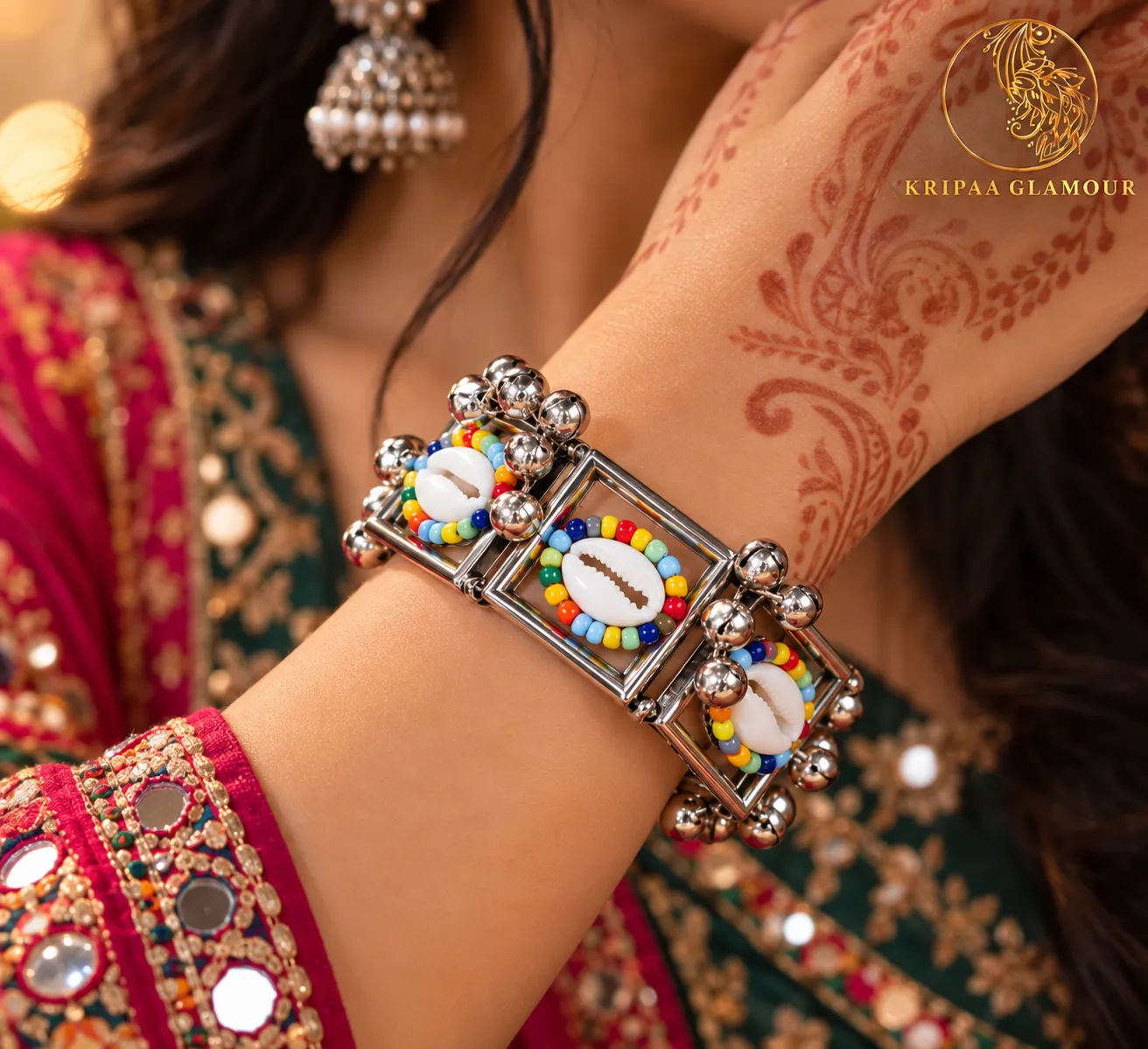 Small Size Oxidised Multicolor Beaded Cuff Bracelet – Openable Festive Design - Image 6