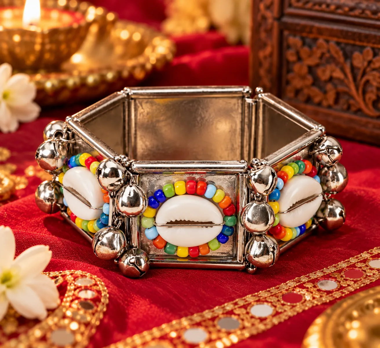 Small Size Oxidised Multicolor Beaded Cuff Bracelet – Openable Festive Design - Image 7