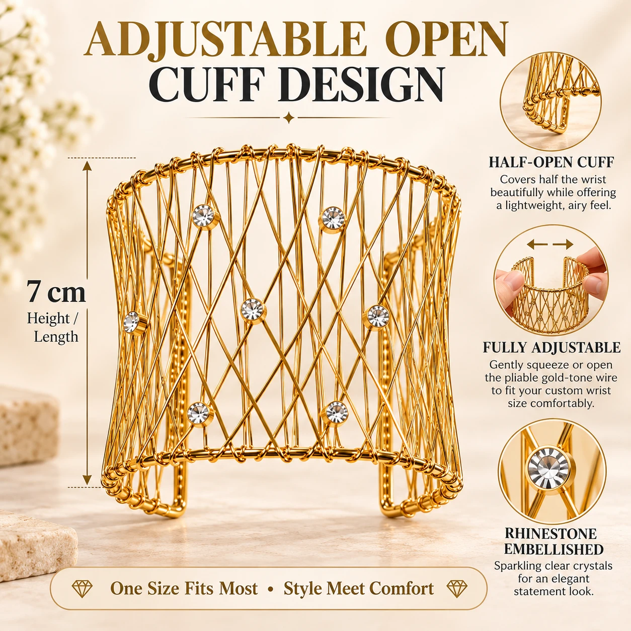 Gold-Tone Crisscross Open Cuff Bracelet with Clear Crystals for Women/Girls - Wide Statement Bangle. - Image 2