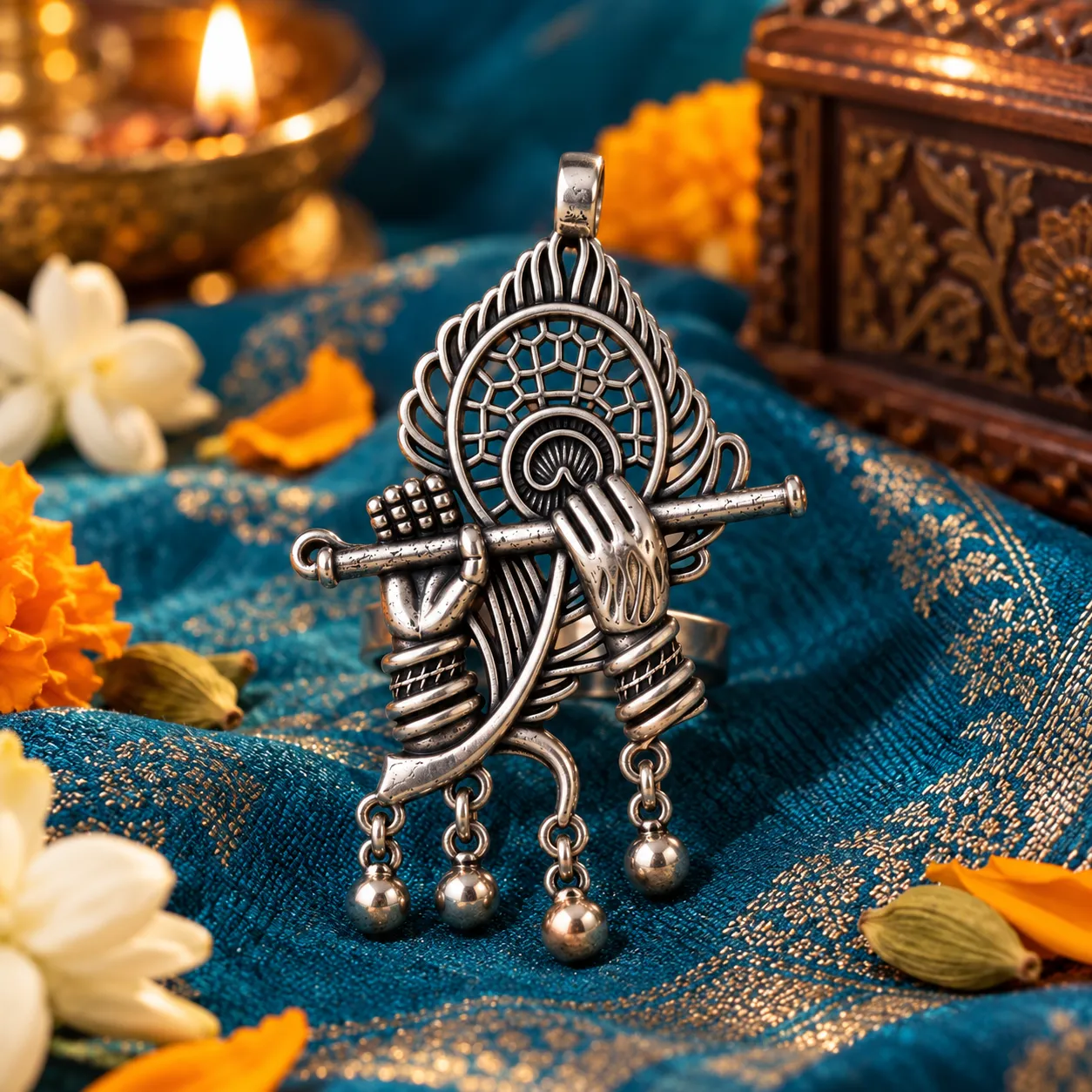 Krishna Flute Oxidised Ring – 2-in-1 Convertible Ring & Pendant - Image 4