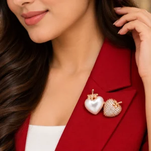 Rose Gold Plated Heart-Shaped AD CZ Studded Brooch with Pearl-Finish Heart