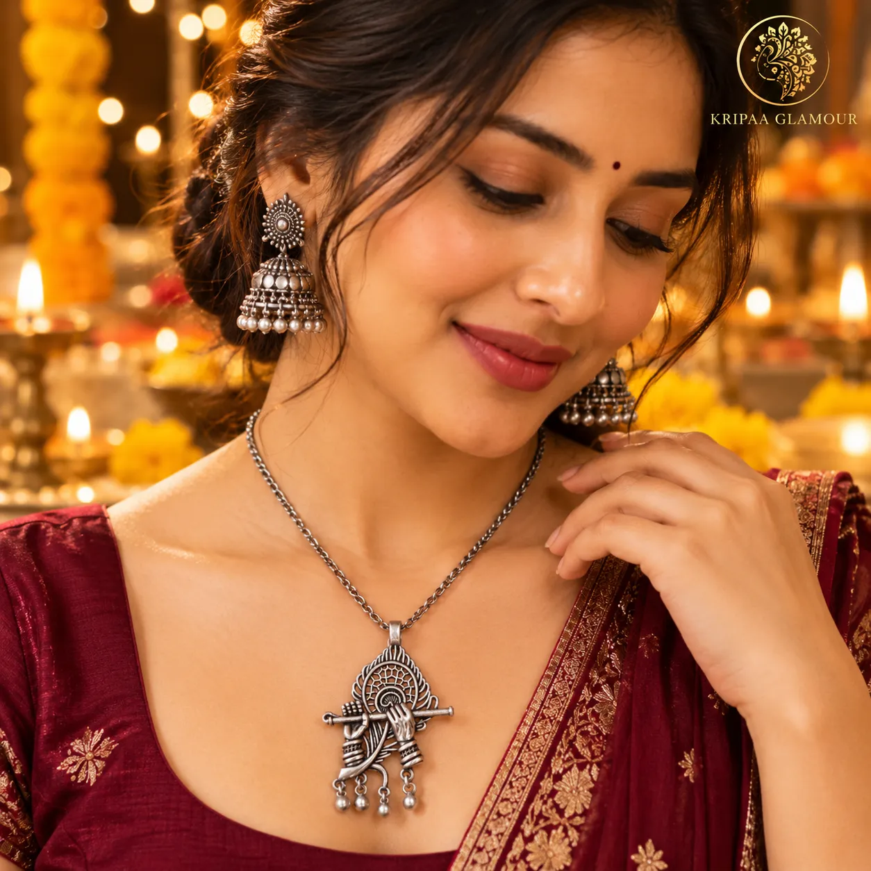 Krishna Flute Oxidised Ring – 2-in-1 Convertible Ring & Pendant - Image 2