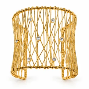 ​Gold-Tone Crisscross Open Cuff Bracelet with Clear Crystals for Women/Girls - Wide Statement Bangle.