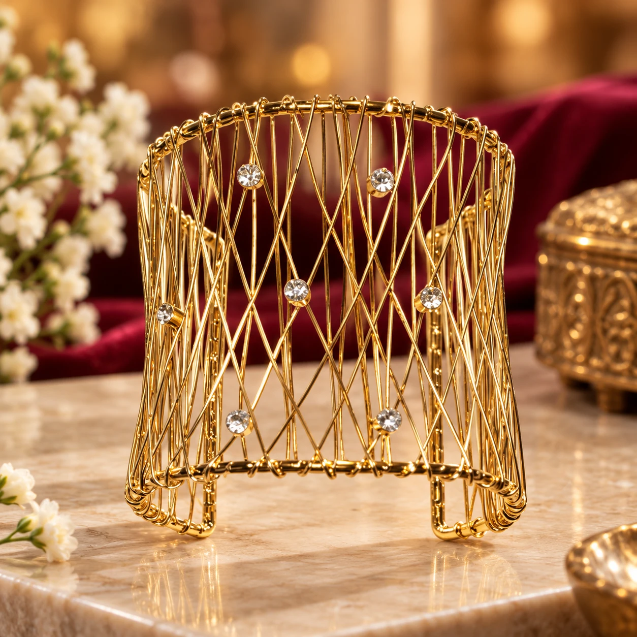 Gold-Tone Crisscross Open Cuff Bracelet with Clear Crystals for Women/Girls - Wide Statement Bangle. - Image 4