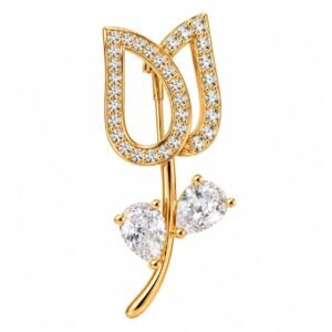 Gold-toned flower shaped AD studded brooch with sparkling crystal accents for women.