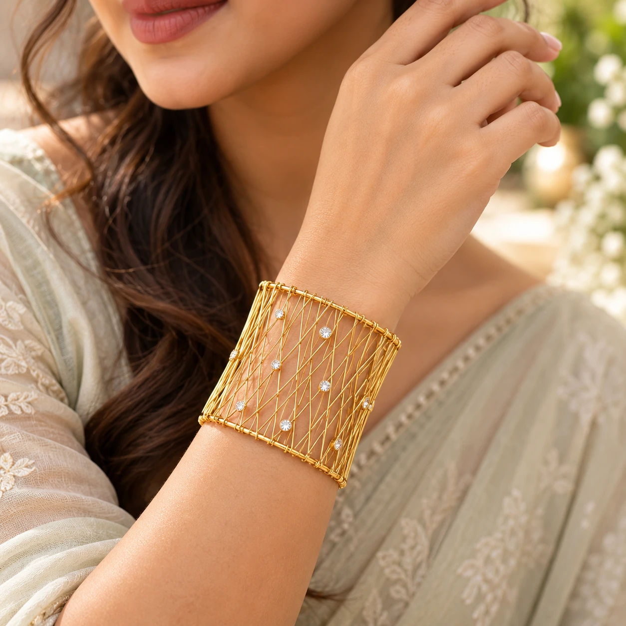 Gold-Tone Crisscross Open Cuff Bracelet with Clear Crystals for Women/Girls - Wide Statement Bangle. - Image 8