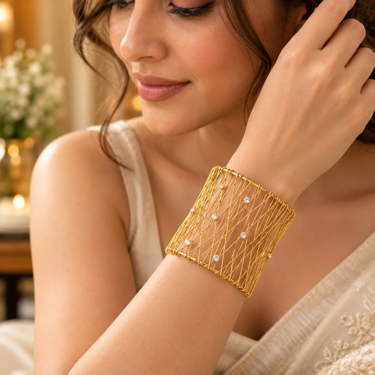 Gold-Tone Crisscross Open Cuff Bracelet with Clear Crystals for Women/Girls - Wide Statement Bangle. - Image 6