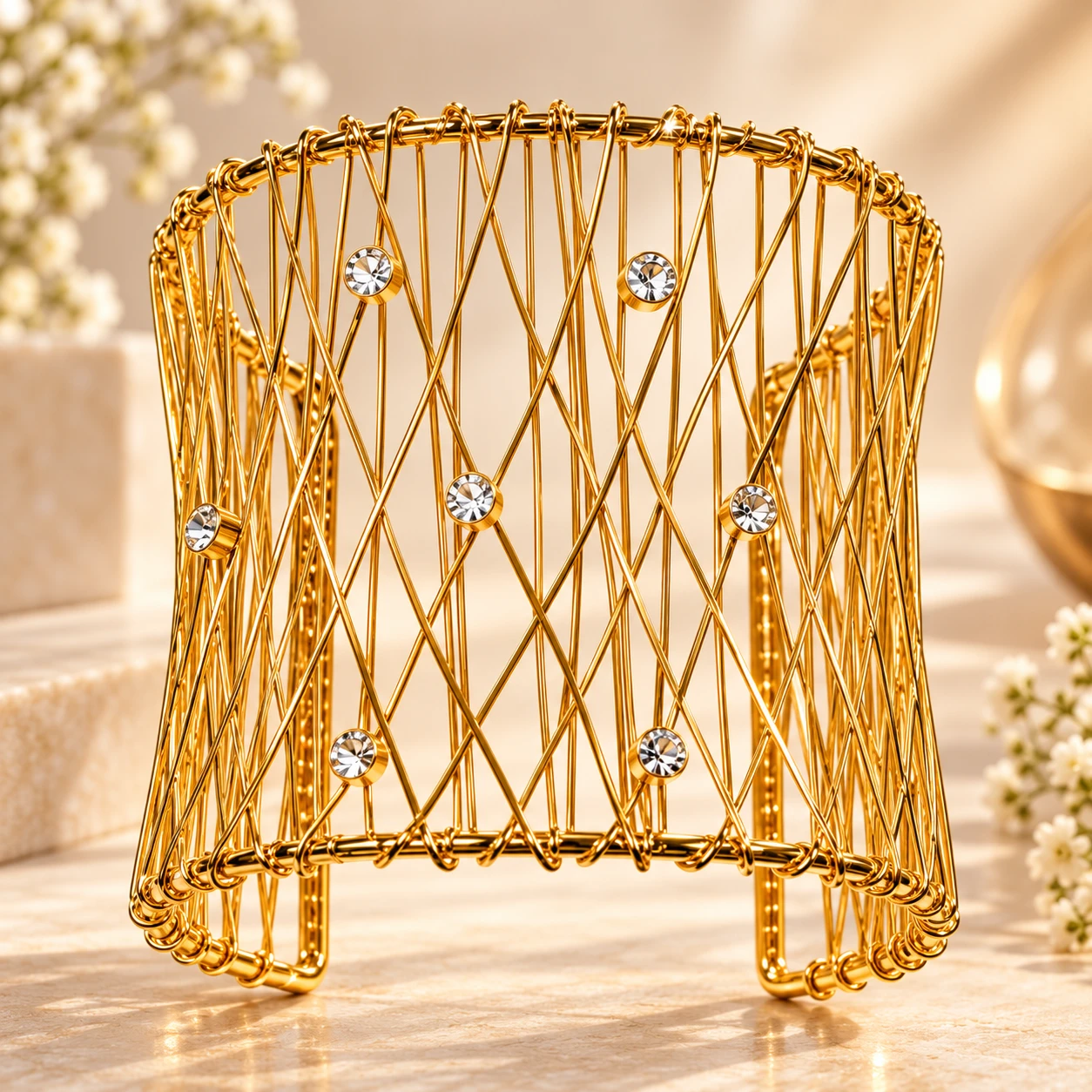 Gold-Tone Crisscross Open Cuff Bracelet with Clear Crystals for Women/Girls - Wide Statement Bangle. - Image 5