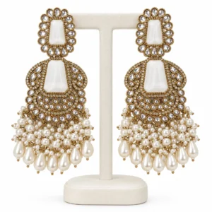 Ivory Ethnic Kundan & Pearl Statement Chandelier Earrings