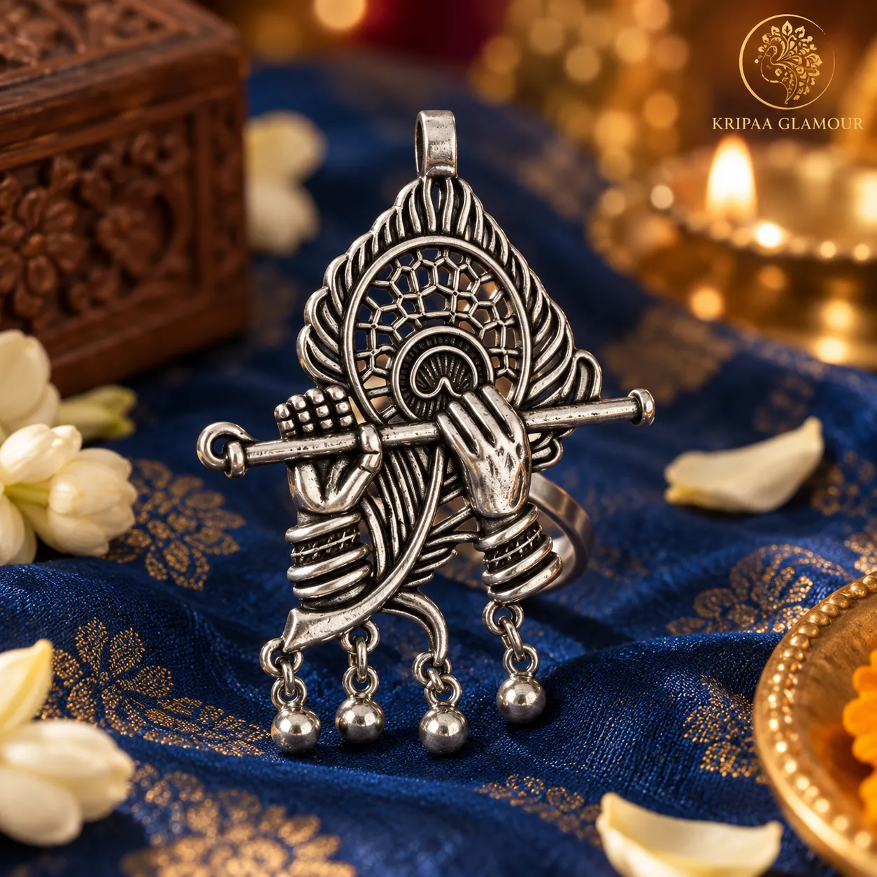 Krishna Flute Oxidised Ring – 2-in-1 Convertible Ring & Pendant - Image 9