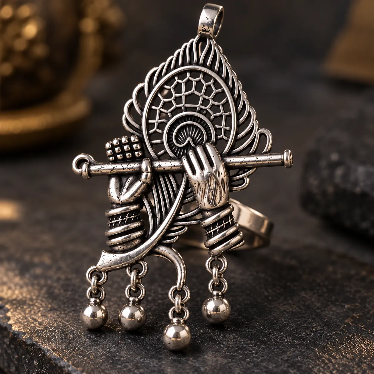 Krishna Flute Oxidised Ring – 2-in-1 Convertible Ring & Pendant - Image 7