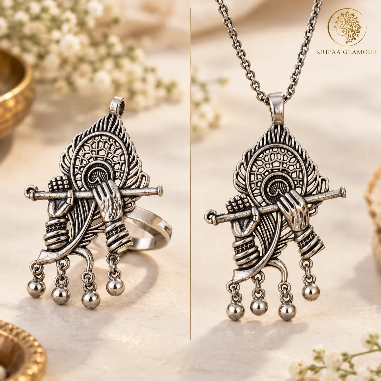 Krishna Flute Oxidised Ring – 2-in-1 Convertible Ring & Pendant - Image 5