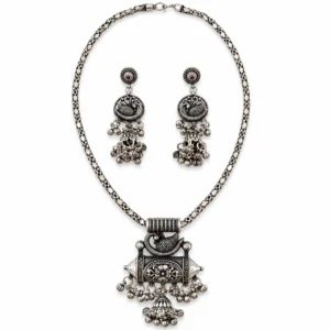 Oxidised Silver Peacock Theme Necklace Set – 18 Inches