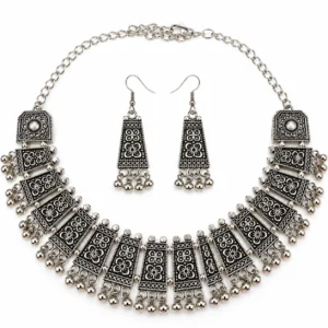 Oxidised Silver Floral Panel Choker Set with Dangling Beads